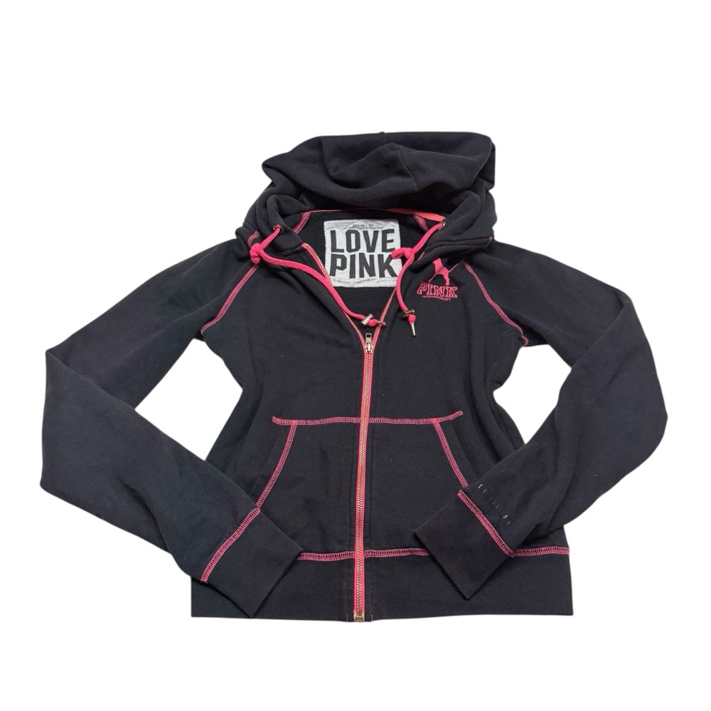 PINK Y2K Pink & Black Contrast Color Block Zip Up Hoodie Limited Edition